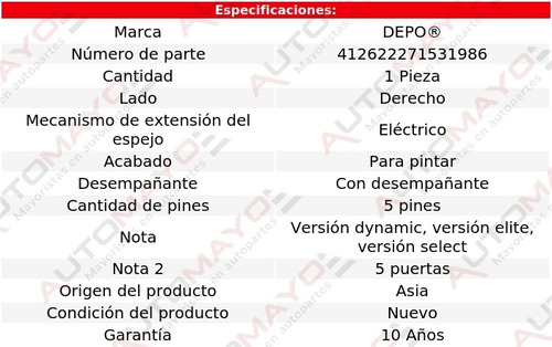 Un Espejo Lado Der P/pintar C/desemp 5 Pines Depo Q5 18 - 21 Foto 2