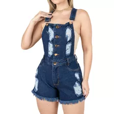 Jardineira Jeans Feminina Short Com Botões Frontais Desfiado