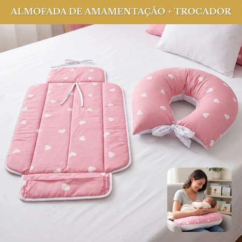 Kit Completo Almofada De Amamentação E Trocador Portátil Para Bebê Impermeável Enxoval Premium Luxo - Rosa Coração