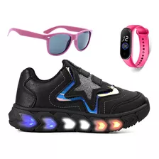 Tenis Infantil De Led Meninas Estrela + Oculos Relogio Light