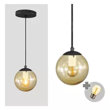 Pendente Preto Com Globo De Vidro Ambar De 14cm + Led 2w