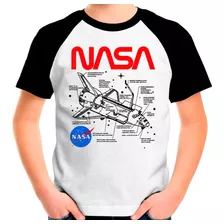 Camiseta Infantil Raglan Nasa Partes Do Foguete