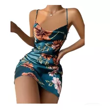 Vestido De Satén Floral Elegante Cuello V Espalda Cruzada