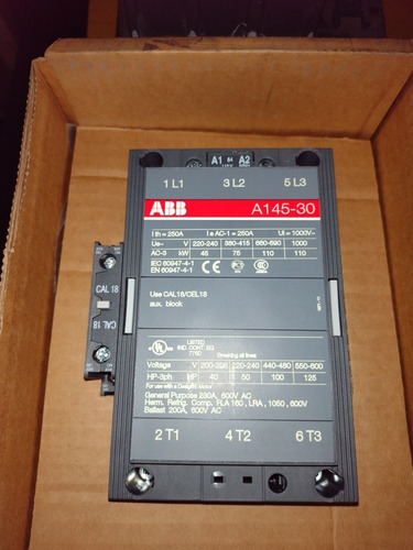 Contactor Abb 250 A (ac1) 120 A (ac3) Bob 110 Vac A145-30.