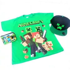 Camiseta Minecraft + Bone Aba Reta + Carteira Kit Meninos 