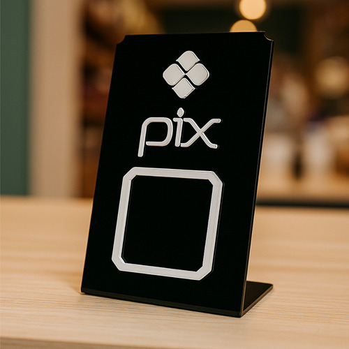 Placa Pix Qr Code Display Pagamentos Acrílico Branco E Preto Preto/prata