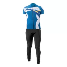 Conjunto Ciclismo Elite Camisa Azul Calça Top Preto Bike Mtb