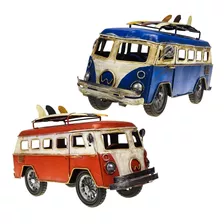 Kit 2 Furgao Kombi Em Metal Miniatura Cor Azul E Vermelho