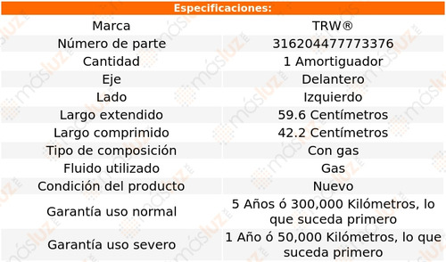 1- Amortiguador Gas Delantero Izquierdo Sienna 2004/2006 Trw Foto 2