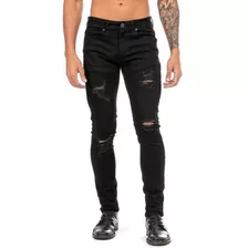 Jeans Rotos Mezclilla Stretch Negro Hombre