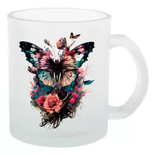 Caneca Vidro Jateada Borboleta Flores Colorida Rosa E Azul