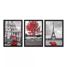 Quadros Decorativos Londres E Paris Red - Kit 3 Unidades