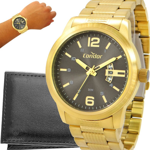 Relógio Masculino Dourado Condor Ouro 18k + Carteira Brinde 