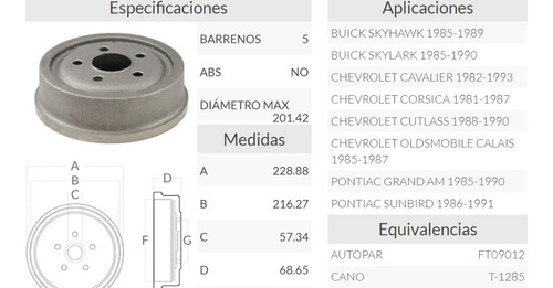 Tambor Trasero De Freno Buick Skyhawk 85-89 Foto 2