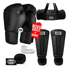 Kit Muay Thai Luva All Black Bandagem Anatômica Bolsa 16oz