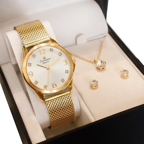 Relógio Champion Feminino Dourado Cn26215w + Colar E Brincos