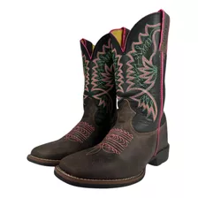 Bota Texana Cowgirl 100% Couro Marrom Com Bordado Rosa