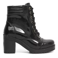 Bota Coturno Tratorada Feminino Verniz Cadarço Confortavel