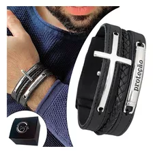 Pulseira Bracelete Couro Ajustável Cruz E Proteção Amuleto