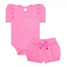 Conjunto Bebê Feminino Body Com Strass E Short Rosa Neon