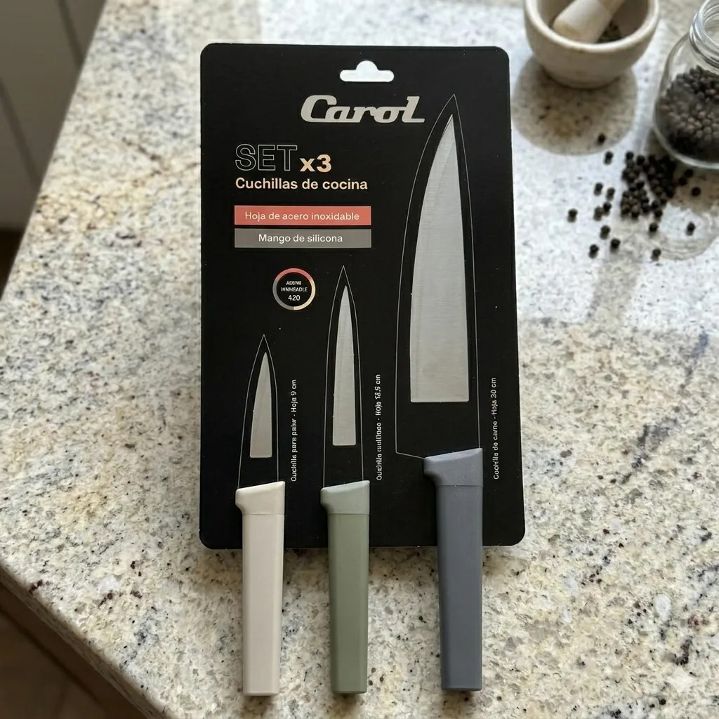 Set X3 Cuchillas Cuchillos Hoja Acero Inox. Silicona Carol Beige