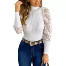 Blusa Feminina Canelada Gola Manga Longa Tule Princesa Moda