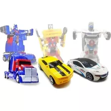 Kit 3 Carrinhos Bate E Volta Vira Robô Luz/som Transformers