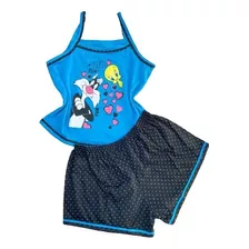 Pijama Baby Doll Azul E Preto Estampado Looney Tunes