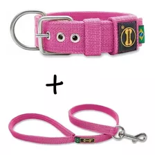 Coleira Cachorro Grande Pit Bull + Guia 80cm (rami) Fit Cor Rosa Tamanho Da Coleira P