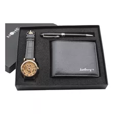  Reloj Hombre De Maquinaria Cartera Y Pluma Set Elegante Color De La Correa Negro/oro