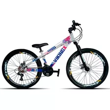 Mountain Bike Vikingx Tuff 25 Aro 26 13.5 21v Freios De Disco Mecânico Câmbios Shimano Tourney Cor Prata/azul/rosa