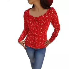 Blusa Juvenil Estampado Floral Manga Larga Casual Campesina 