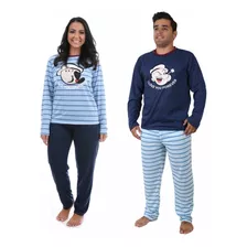 Kit Casal Pijama Longo Inverno Popeye Popay Popai Azul