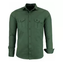 Camisa Social Masculina Estilo Militar Manga Longa Promoçao