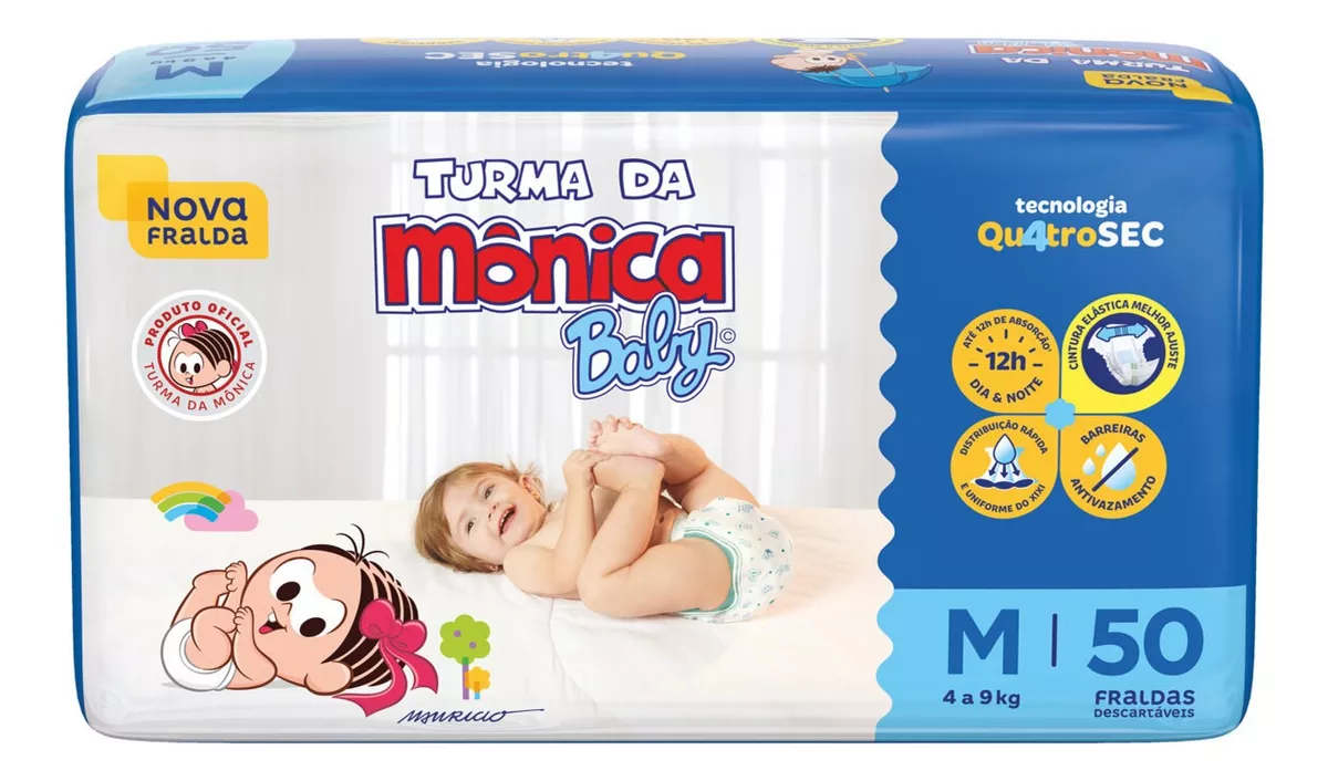 Fralda Descartável Turma Da Mônica Baby M Pacote 50 Unidades