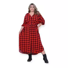 Vestido Xadrez Plus Size Longo Camisa Chamise Chemise Curve