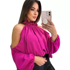 Blusa Feminina Social Manga Longa Bufante Cropped Gola Alta