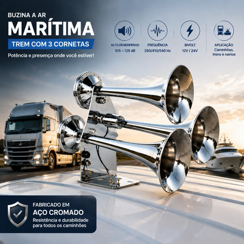 Buzina A Ar Marítima Trem Com 3 Cornetas Bivolt — foto 7