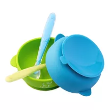 2 Platos Para Bebe De Silicón Con Ventosa Y 2 Cucharas Color Azul - Verde Bowl Con Succion