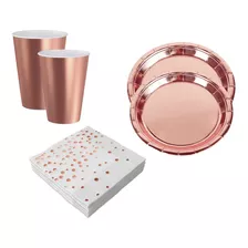 Kit Festa Rosé Metalizado - Pratos Copos Guardanapos 