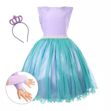 Vestido Ariel Infantil Pequena Sereia Coroa Luvas Luxo