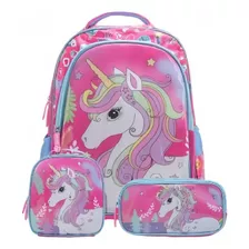 Kit Mochila Unicórnio Escolar Rodinha Infantil Menina