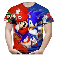 Camiseta Masculina Mario Bros E Sonic Estampa Digital Md03
