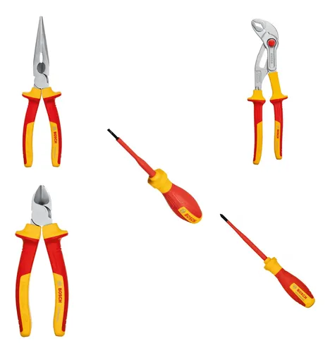 Kit Bosch: 1 Pinza Punta + 1 Pinza Pico Loro + 1 Alicate + 1 Destornillador Plano + 1 Destornillador Phillips