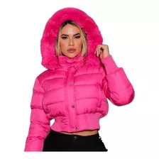 Jaqueta Feminina Puffer Cropped Nylon Forrada Com Capuz