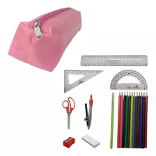 Kit Escolar Ensino Fundamental Medio Com Estojo Rosa