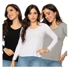 Kit 3 Blusa Manga Longa Segunda Pele Feminina Gola V Barata