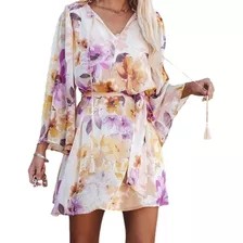 Vestido Estampado Floral Con Cuello En V Y Manga Larga Para