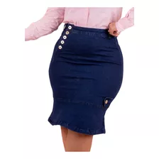 Saia Sereia Jeans Midi Babado Cintura Alta Evangélica Plus