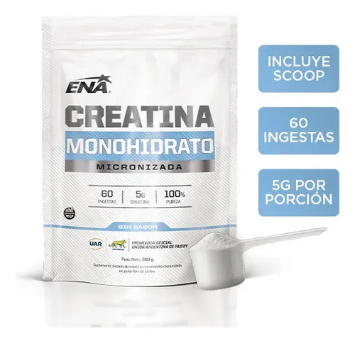 Imagen 2 de Creatina Monohidrato Ena Sport 300g Micronizada - 60 Servicios - Potencia Masa Muscular Y Rendimiento Deportivo Sin Sabor